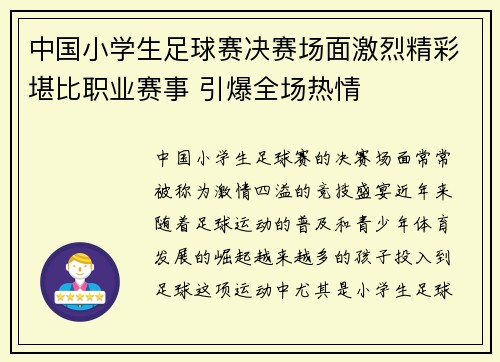 中国小学生足球赛决赛场面激烈精彩堪比职业赛事 引爆全场热情 中国小学生足球赛决赛场面激烈精彩堪比职业赛事 引爆全场热情