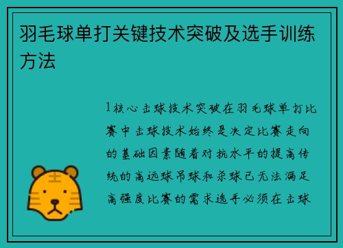 羽毛球单打关键技术突破及选手训练方法